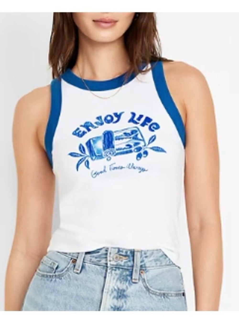 Enjoy Life Blue-Trim ribbed Graphic Tank Top - Women